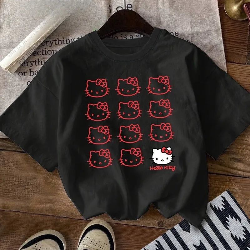 Women's Hello Kitty Cute Printed T-shirt for Summer 2025 Novel Casual Loose Multi Functional Y2K Cotton Short Sleeved Top