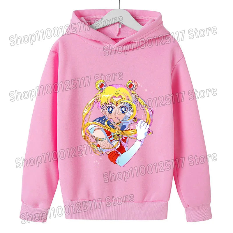 Sailor Moon Hoodie with Hat for Children Cartoon Printed Kawaii Sweatshirt Autumn Spring Kid Clothing Long Sleeve Hooded Clothes
