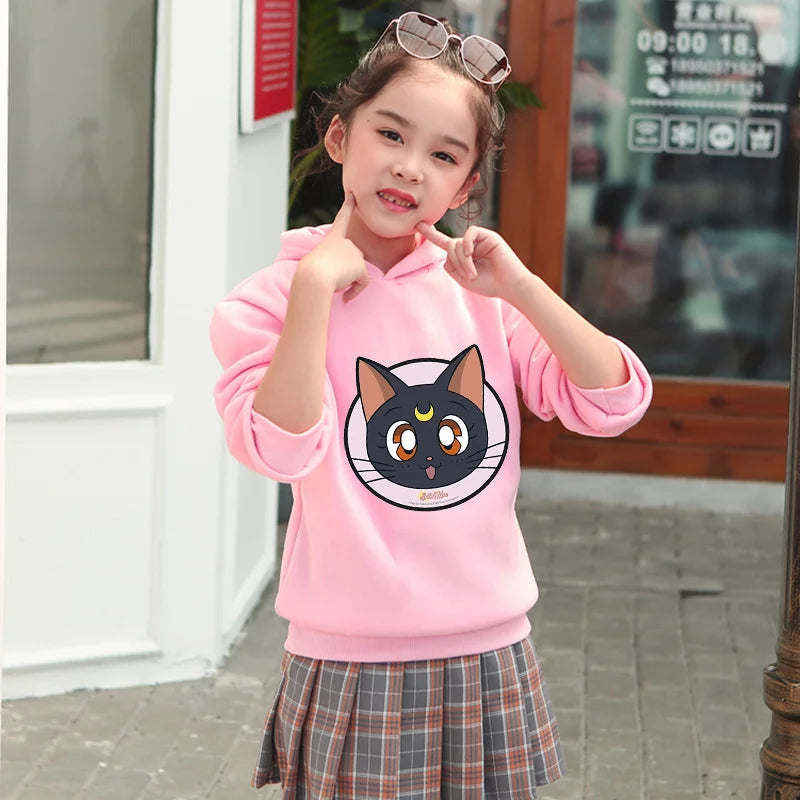 Sailor Moon Hoodie with Hat for Children Cartoon Printed Kawaii Sweatshirt Autumn Spring Kid Clothing Long Sleeve Hooded Clothes