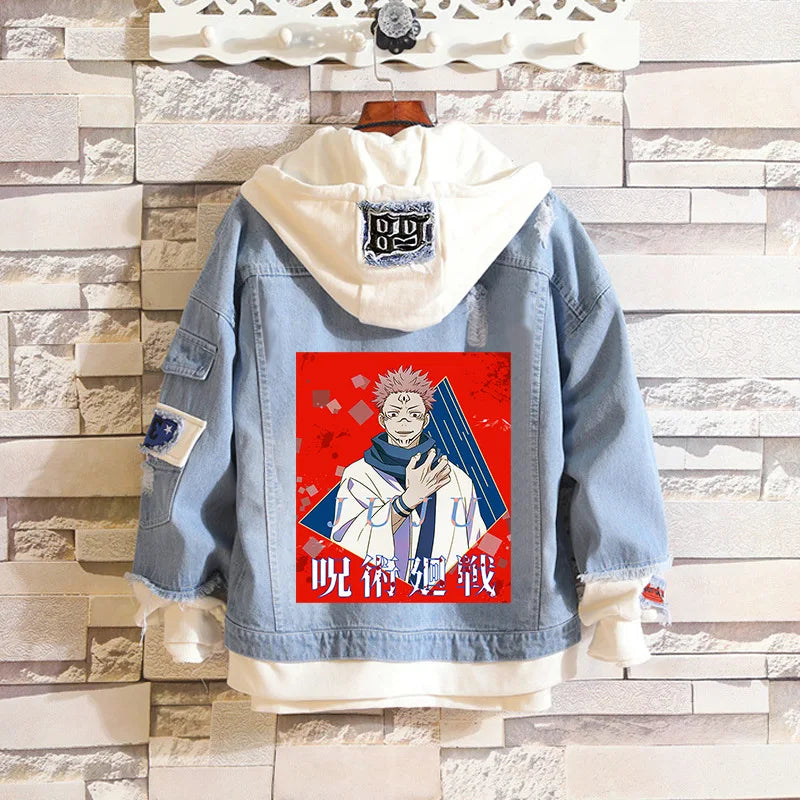 Anime Jujutsu Kaisen Anime Jeans Jacket Gojo Satoru Itadori Yūji Print Casual Women Patchwork Denim Autumn Hooded Outwear Coat