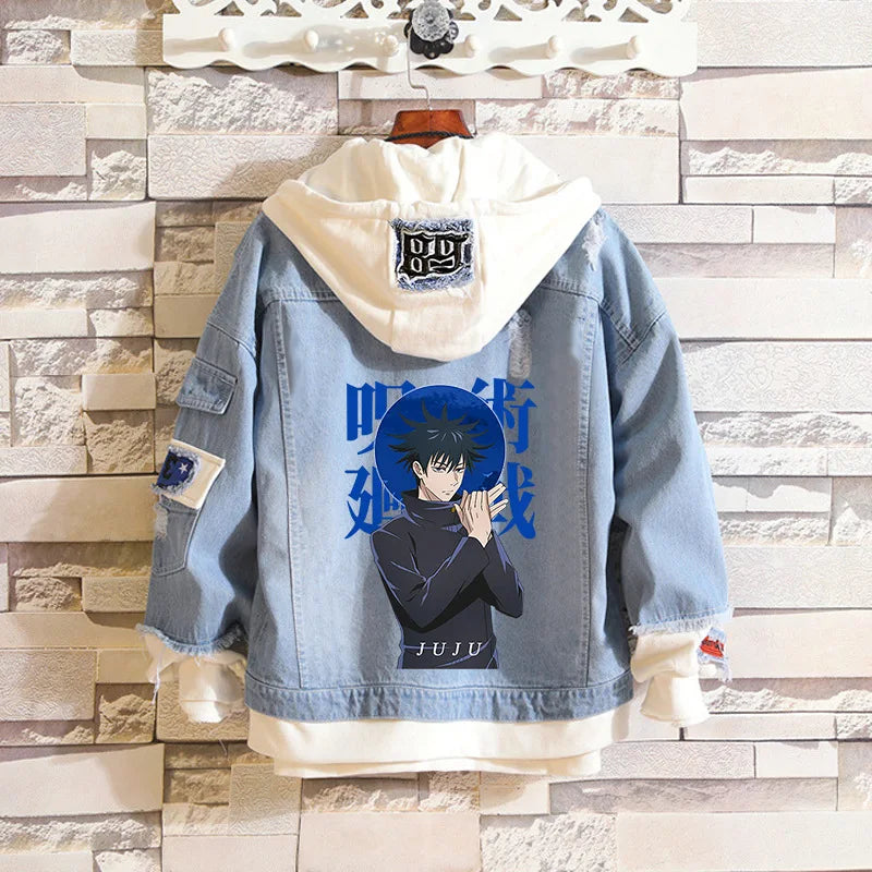 Anime Jujutsu Kaisen Anime Jeans Jacket Gojo Satoru Itadori Yūji Print Casual Women Patchwork Denim Autumn Hooded Outwear Coat