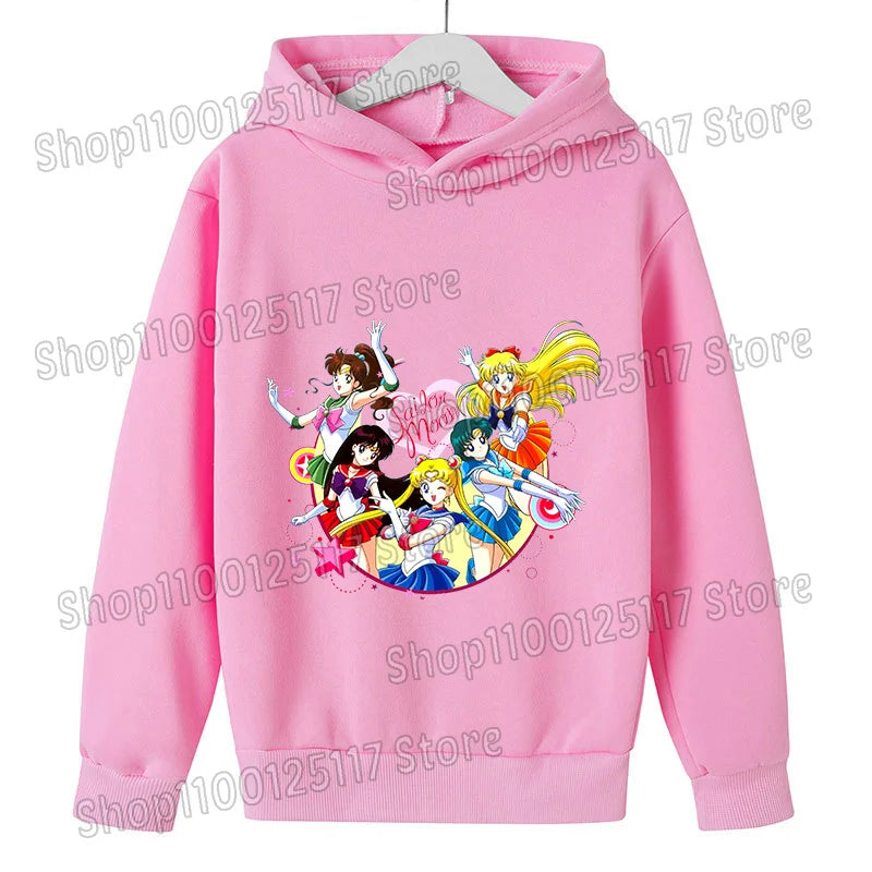 Sailor Moon Hoodie with Hat for Children Cartoon Printed Kawaii Sweatshirt Autumn Spring Kid Clothing Long Sleeve Hooded Clothes