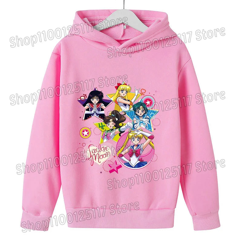 Sailor Moon Hoodie with Hat for Children Cartoon Printed Kawaii Sweatshirt Autumn Spring Kid Clothing Long Sleeve Hooded Clothes
