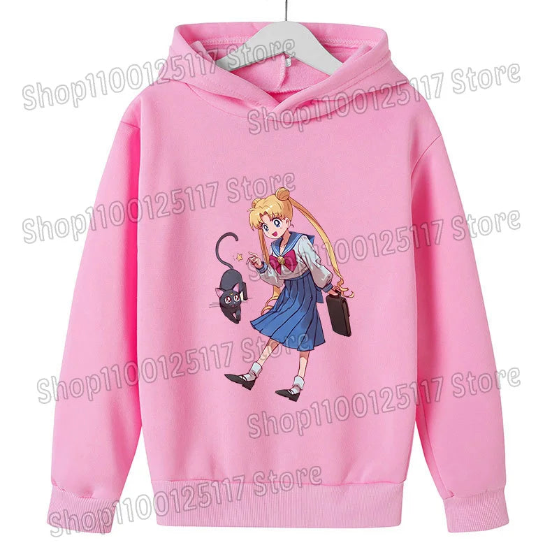 Sailor Moon Hoodie with Hat for Children Cartoon Printed Kawaii Sweatshirt Autumn Spring Kid Clothing Long Sleeve Hooded Clothes