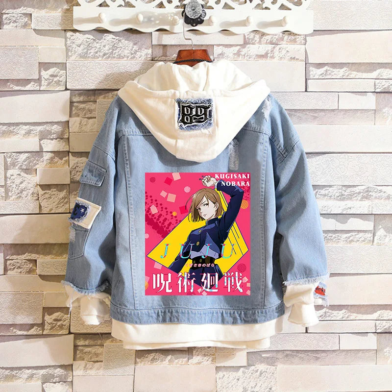 Anime Jujutsu Kaisen Anime Jeans Jacket Gojo Satoru Itadori Yūji Print Casual Women Patchwork Denim Autumn Hooded Outwear Coat