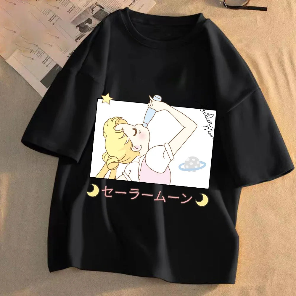 Sailor Moon Women Anime Casual T-shirt Summer Adult Cartoon Cute Tees Round Neck Printed Clothing Short Sleeve Fashion Tops Gift
