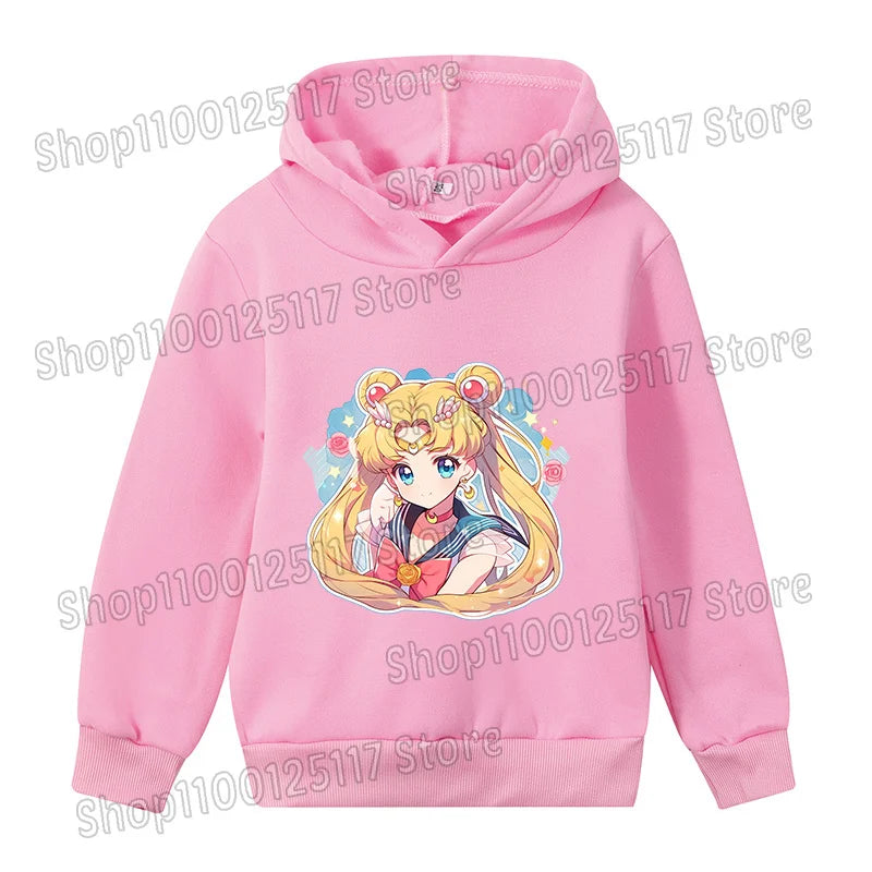 Sailor Moon Hoodie with Hat for Children Cartoon Printed Kawaii Sweatshirt Autumn Spring Kid Clothing Long Sleeve Hooded Clothes