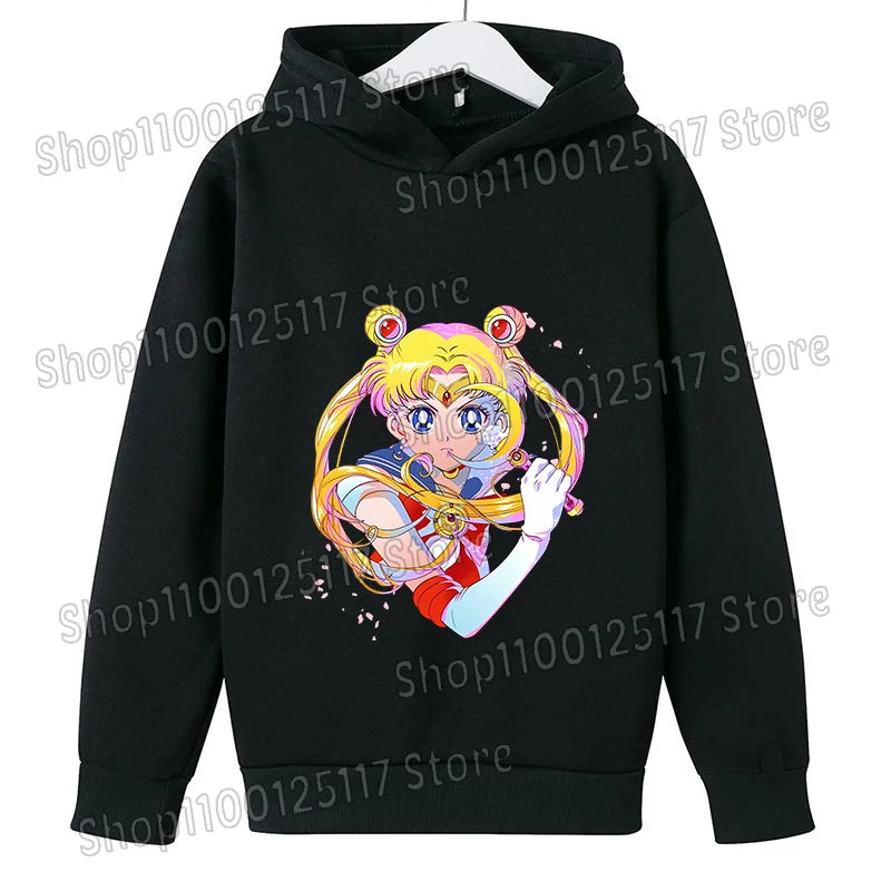 Sailor Moon Hoodie with Hat for Children Cartoon Printed Kawaii Sweatshirt Autumn Spring Kid Clothing Long Sleeve Hooded Clothes