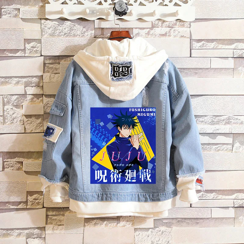 Anime Jujutsu Kaisen Anime Jeans Jacket Gojo Satoru Itadori Yūji Print Casual Women Patchwork Denim Autumn Hooded Outwear Coat