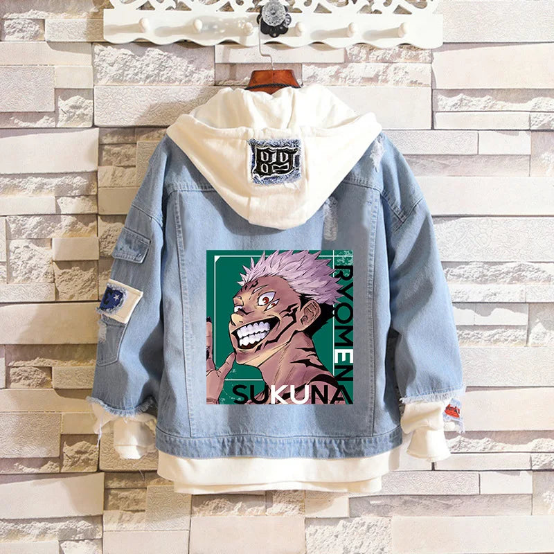 Anime Jujutsu Kaisen Anime Jeans Jacket Gojo Satoru Itadori Yūji Print Casual Women Patchwork Denim Autumn Hooded Outwear Coat