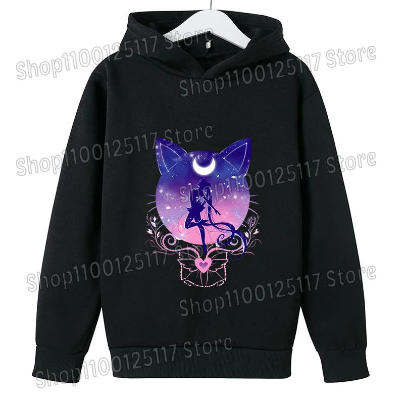 Sailor Moon Hoodie with Hat for Children Cartoon Printed Kawaii Sweatshirt Autumn Spring Kid Clothing Long Sleeve Hooded Clothes