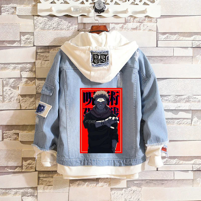 Anime Jujutsu Kaisen Anime Jeans Jacket Gojo Satoru Itadori Yūji Print Casual Women Patchwork Denim Autumn Hooded Outwear Coat
