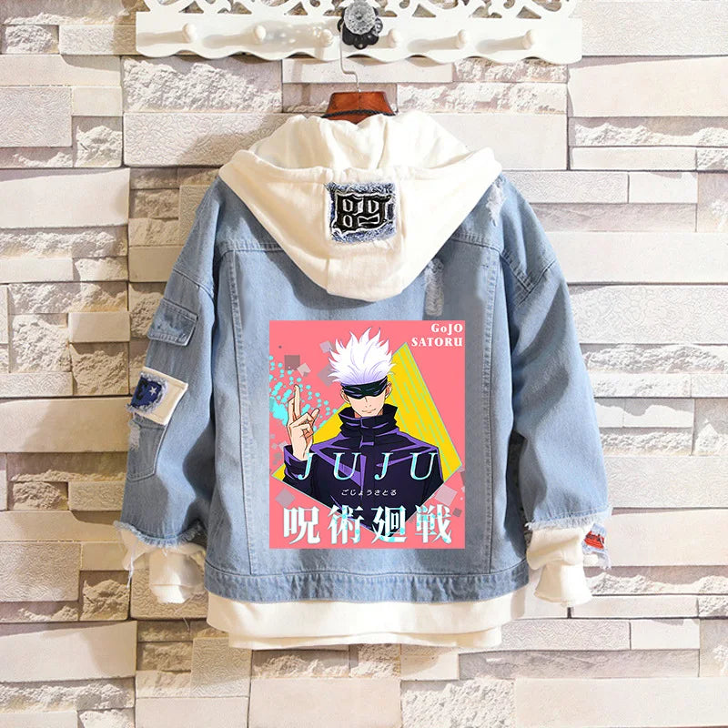 Anime Jujutsu Kaisen Anime Jeans Jacket Gojo Satoru Itadori Yūji Print Casual Women Patchwork Denim Autumn Hooded Outwear Coat