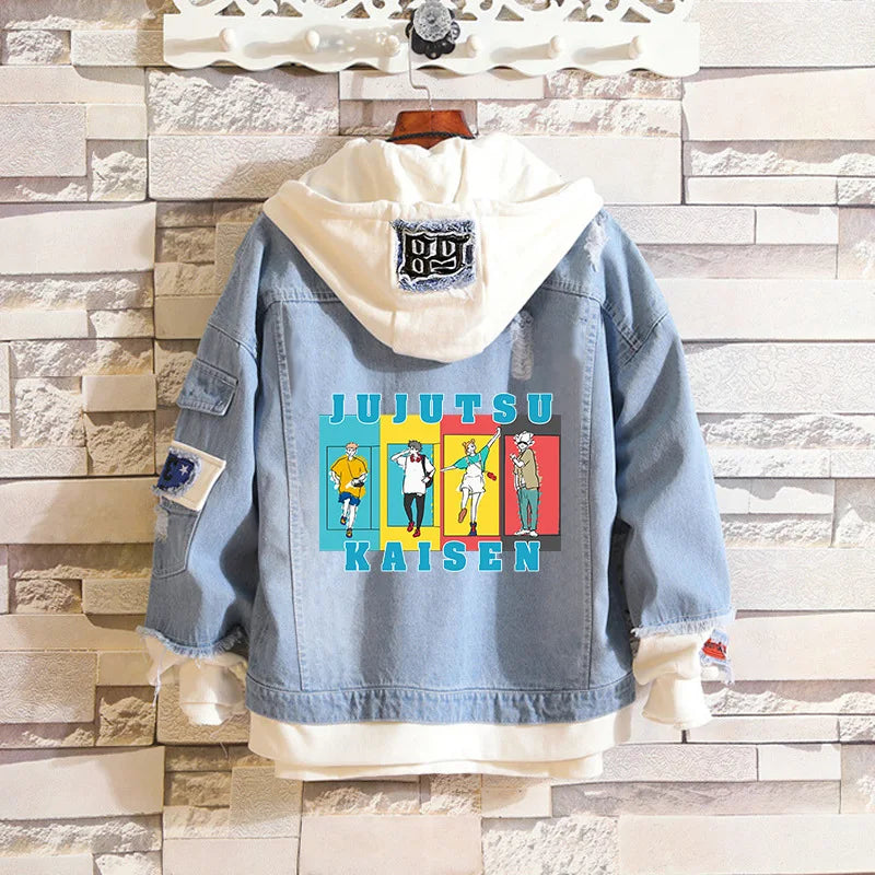 Anime Jujutsu Kaisen Anime Jeans Jacket Gojo Satoru Itadori Yūji Print Casual Women Patchwork Denim Autumn Hooded Outwear Coat