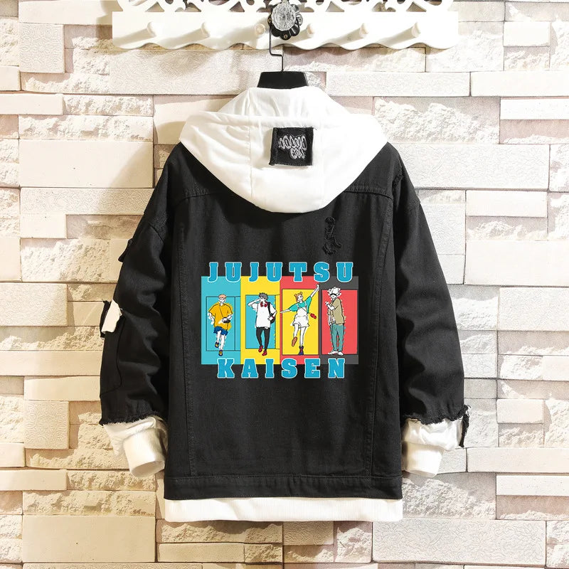 Anime Jujutsu Kaisen Anime Jeans Jacket Gojo Satoru Itadori Yūji Print Casual Women Patchwork Denim Autumn Hooded Outwear Coat