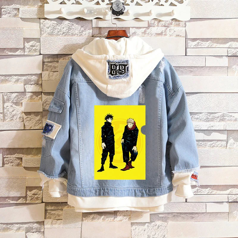 Anime Jujutsu Kaisen Anime Jeans Jacket Gojo Satoru Itadori Yūji Print Casual Women Patchwork Denim Autumn Hooded Outwear Coat