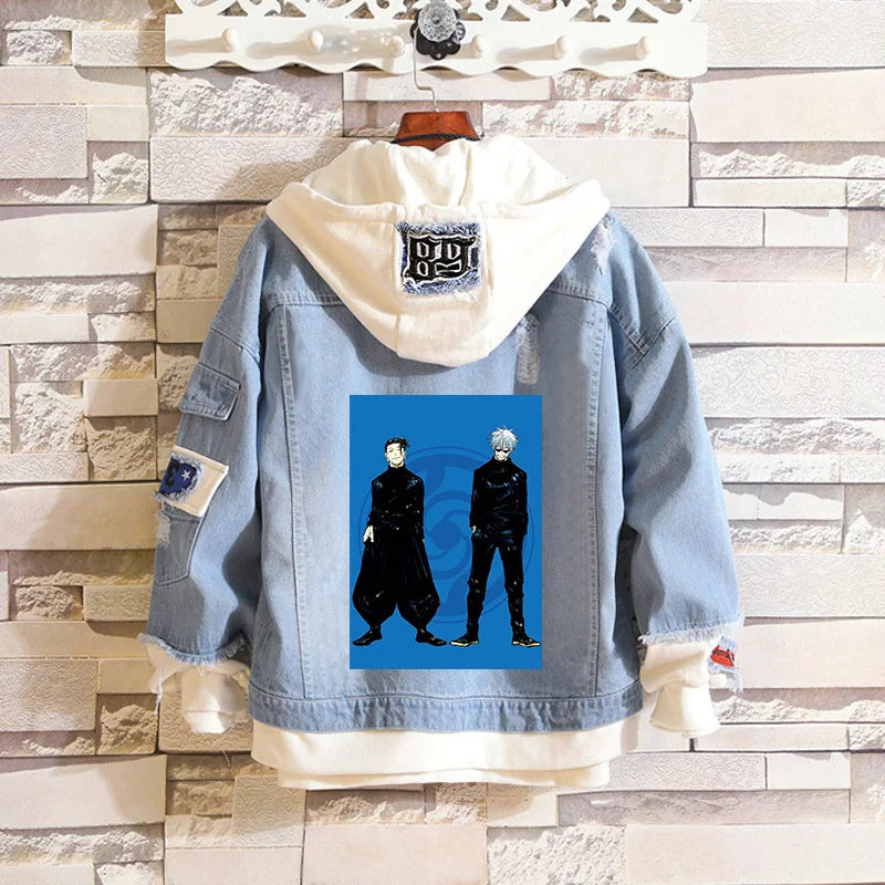 Anime Jujutsu Kaisen Anime Jeans Jacket Gojo Satoru Itadori Yūji Print Casual Women Patchwork Denim Autumn Hooded Outwear Coat
