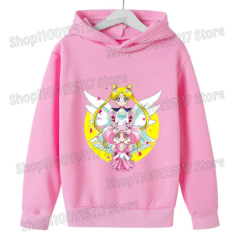 Sailor Moon Hoodie with Hat for Children Cartoon Printed Kawaii Sweatshirt Autumn Spring Kid Clothing Long Sleeve Hooded Clothes