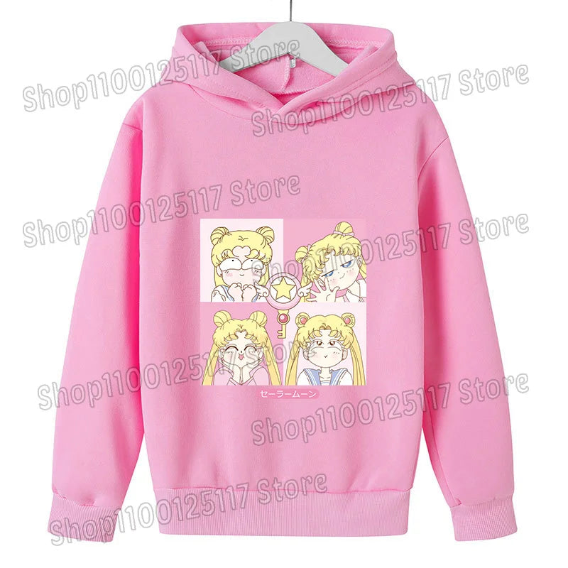 Sailor Moon Hoodie with Hat for Children Cartoon Printed Kawaii Sweatshirt Autumn Spring Kid Clothing Long Sleeve Hooded Clothes