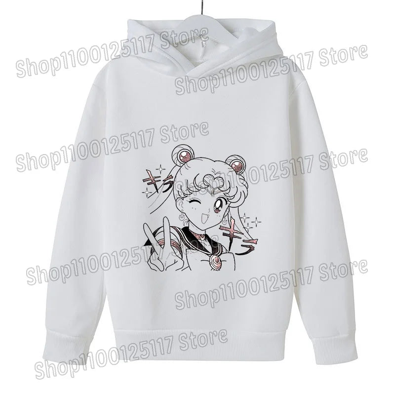 Sailor Moon Hoodie with Hat for Children Cartoon Printed Kawaii Sweatshirt Autumn Spring Kid Clothing Long Sleeve Hooded Clothes