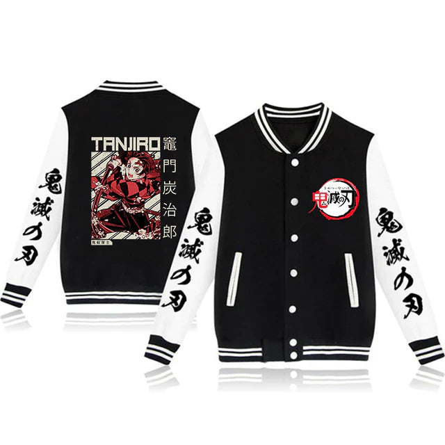 Demon Slayer Tanjiro Black White Varsity Baseball Jacket